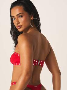 Missguided x Playboy Women's Studded Bandeau Bikini Set With Cut Out Detail And Logo Summer Swimwear Two Pieces Beach Vacation Pool Party Red Triangle Bottom - Red - View 2