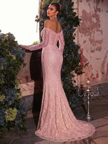 Glamrae 优雅奢华弹力蕾丝褶皱花卉荷叶边下摆性感开衩鱼尾连衣裙，露肩薄纱袖，适合婚礼、派对、度假、正式场合 - 粉色 - 查看 5