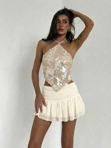 Aloruh 杏色雪纺荷叶边迷你短裙，Y2K优雅性感通勤裙 - 杏色 - 查看 5