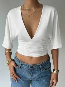 Aloruh Summer New Casual Elegant Batwing Sleeve White Cropped V-Neck Ruched Slim T-Shirt, Shirt, Avant-Garde Y2K T-Shirt Outfit Holiday Outfit Vacation Look Beach Everyday Occasion Outfit Womens Outfit Trending Outfit - White - View 4