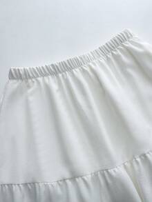 Elenzga Bộ đồ 2 mảnh dành cho nữ: Áo croptop cổ yếm tua rua buộc dây phía sau và chân váy xếp tầng cạp chun, trang phục đi biển màu trắng thanh lịch, thoải mái cho mùa hè. - Màu be - Xem 6