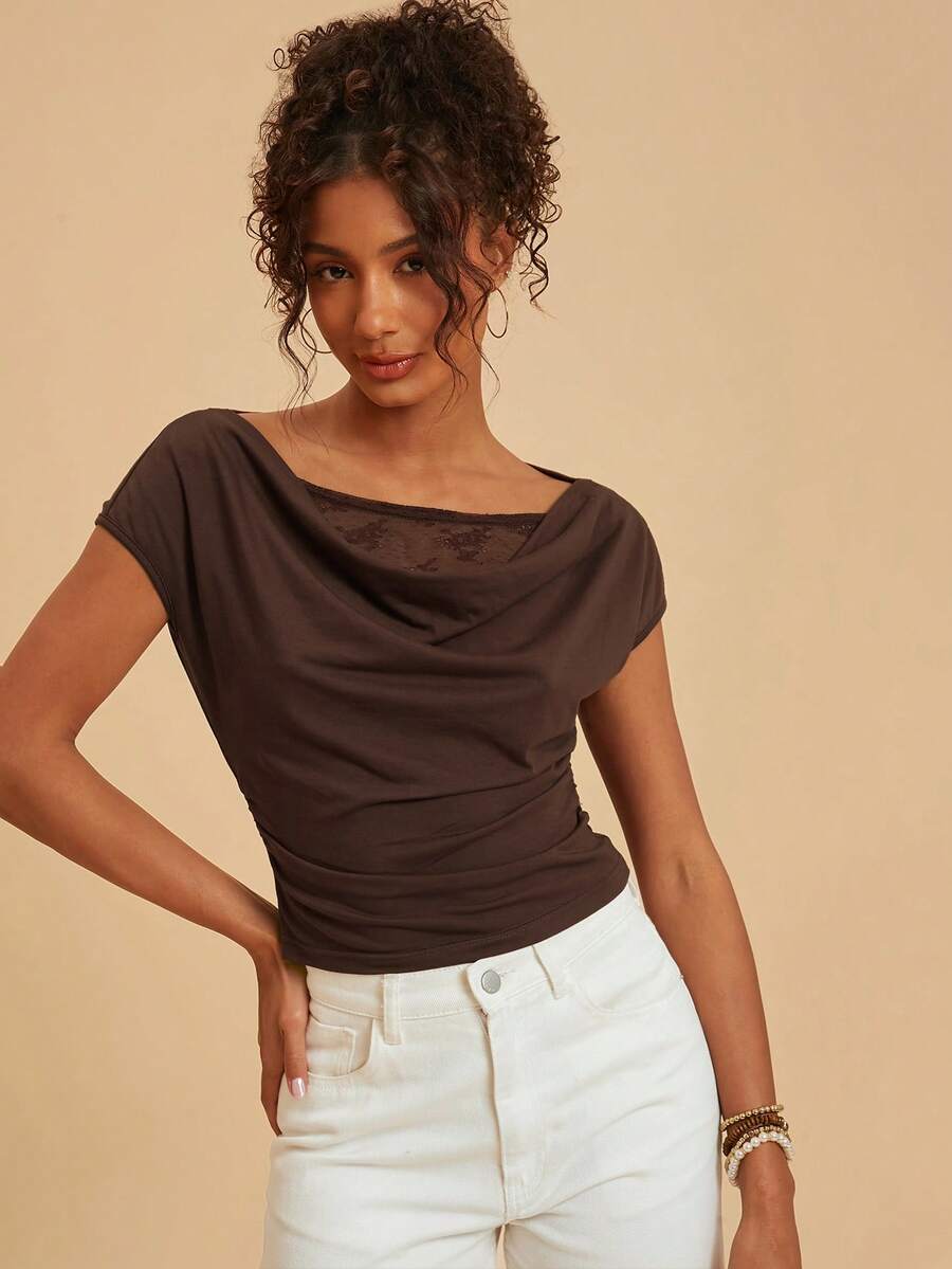 Travachic Camiseta de mujer elegante de unicolor con parches de encaje, para verano, vacaciones, casual, terno para mujer, vacaciones de verano, vacaciones de primavera, fiesta, playa, primavera, Día de San Valentín, San Valentín para mujer, disfraz de carnaval, elegante, disfraz de carnaval, blusa de estilo mexicano para mujer, blusa bohemia para mujer, con ribete de encaje en el cuello - Multicolor - Ver 1