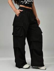 SHEIN PETITE Black Flap Pocket Side Drawstring Waist Parachute Cargo Pants - Black - View 5
