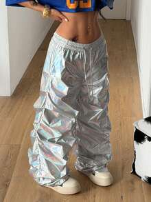Coolane Y2K银色PU涂层降落伞裤，直筒阔腿裤脚口袋松紧腰长裤 - 銀色 - 查看 5