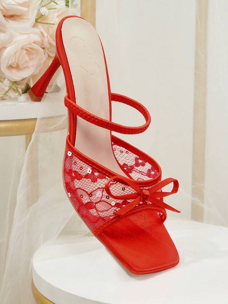 CUCCOO HITCHD Spring And Summer New Product Bow Mesh Lace Square Toe Stiletto Elegant Romantic Sexy Red Lace Women's High Heel Sandals