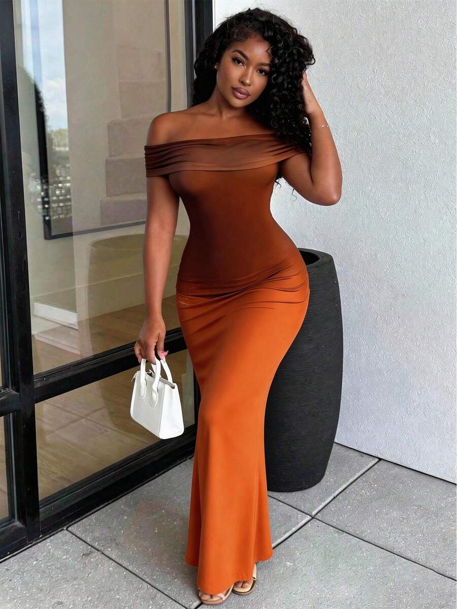 SHEIN LUNE 女士时尚露肩扎染紧身连衣裙，收腰设计，性感迷人，适合旅行、假日派对、日常穿着，春夏皆宜 - 彩色 - 查看 1