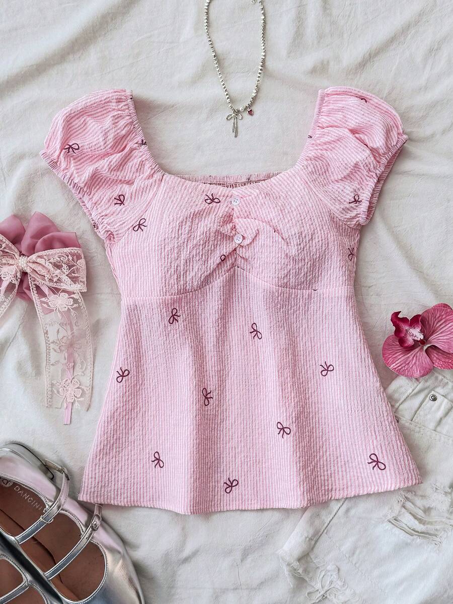SHEIN 少女粉色编织纹理蝴蝶印花休闲宽松露背上衣 - 粉色 - 查看 1