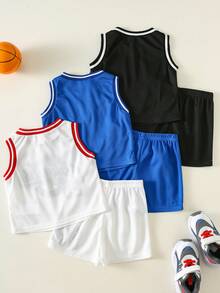 SHEIN 6件套儿童男童可爱夏季休闲针织撞色运动背心和松紧腰短裤套装，多种颜色可选，3套运动服，篮球服，夏季套装 - 彩色 - 查看 2