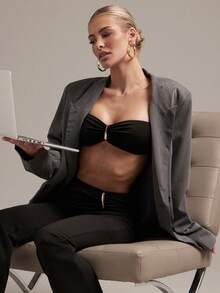 Hauture Solid Black Jersey Gold Metal Trim Bandeau Ruched Tube Top - Black - View 5