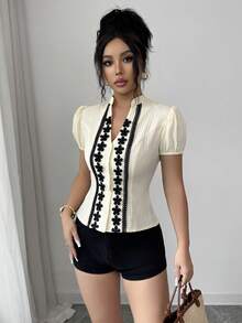Elenzga 优雅都市时尚新款女士春夏杏色领泡泡袖撞色荷叶边纹理面料短袖衬衫，适合日常穿着、婚礼、晚宴、通勤、毕业派对、节日、假期、约会、聚会、万圣节、圣诞节、新年、感恩节、新娘装等场合。 - 杏色 - 查看 4