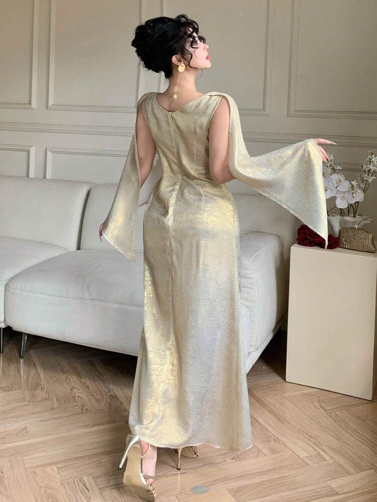 Gold Foil Overlay Dress, Elegant Vacation Summer Long Dress For Women Sundress
