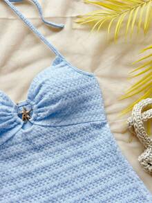 mini de línea A con cuello en V sexy, decoración de metal en forma de estrella de mar, cuello con lazo, espalda descubierta, tela texturizada, adecuado para vacaciones, citas, té de la tarde, vacaciones, festivales de música, estilo bohemio - Celeste - Ver 4