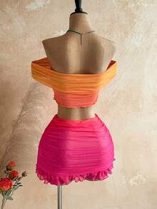 Soleia Top ajustado con hombros descubiertos y textura plisada + Falda ajustado con volantes en el bajo, ideal para vacaciones románticas, playa, , citas y momentos sexys - Naranja Quemada - Ver 2