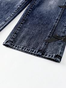 SHEIN ChillGRL Tween Girls Vintage Distressed Flare Jeans, Casual Versatile Black Denim Pants With 3D Bow Decor, Suitable For All Seasons - Dark Wash - View 6