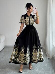 Elenzga 女士优雅印花翻领连衣裙 - 彩色 - 查看 4