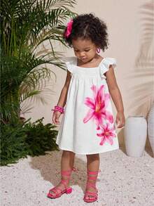 SHEIN Baby Girl Floral Cute Ruffle Hem Casual Vacation Everyday Versatile Dress - White - View 3