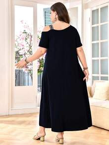 Lacomfia Plus Size Summer Casual Asymmetric Collar Dress With Bow Decor - Blue - View 2