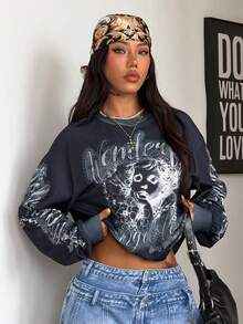 Coolane 夏季女装街头休闲节日街头风复古嘻哈印花黑色宽松长袖T恤，Y2K长袖上衣，Y2K印花T恤，Y2K上衣，Y2K女装，长袖露脐上衣，女装时尚服饰 - 黑色 - 查看 1