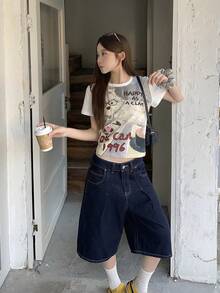 DAZY Women's Round Neck Cartoon Letter Print Casual Versatile Daily Wear Short Sleeve T-Shirt - Blue - View 8