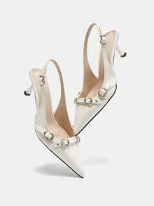 歐美風格女士尖頭細高跟鞋，配窄帶，蘑菇釘裝飾，帶扣及朋克元素，適合搭配搖滾音樂及其他節慶活動 - 白色 - 查看 13
