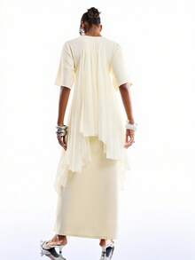 LYSMO 女士纯色圆领短袖收腰优雅长裙 - 淡黃色 - 查看 2