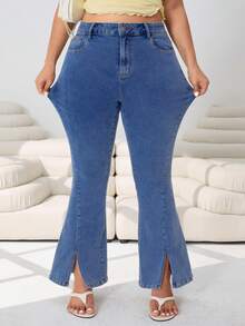 Spring/Summer New Versatile Casual Denim Jeans, Suitable For Outings, Parties, Music Festivals, Back To School, Graduation, Commuting, Vacations, Streetwear, Weddings, Home Leisure, Shopping, City Walks And Multiple Occasions. High-Stretch Washed Blue, Slit, Skinny Flare, Plus Size - Baby Blue - View 7