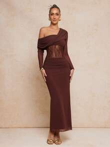 女士优雅蕾丝拼接露肩收腰长款派对连衣裙 - 咖啡 - 查看 9