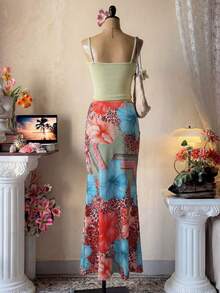 Bluhae 吊带拼接蕾丝薄纱上衣和印花半裙套装，休闲假日海滩度假装 - 彩色 - 查看 2