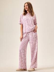 Loomlin 女士纯棉撞色爱心图案短袖衬衫长裤家居服舒适休闲睡衣套装 - 彩色 - 查看 4