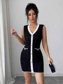 Elenzga Women's Contrast Trim V-Neck Sleeveless Fitted Knit Dress, Spring/Summer - Black - View 7