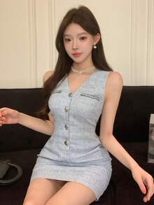 DAZY 女士V领金属纽扣无袖迷你连衣裙 夏季 - 藍色 - 查看 3