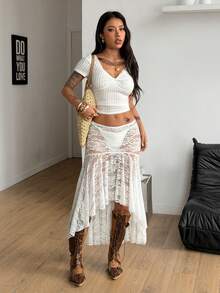 Coolane Women's Spring/Summer Concert Streetwear Casual Vacations Stretchy Lace Midi Sheer Cover Up Skirt - White - View 4