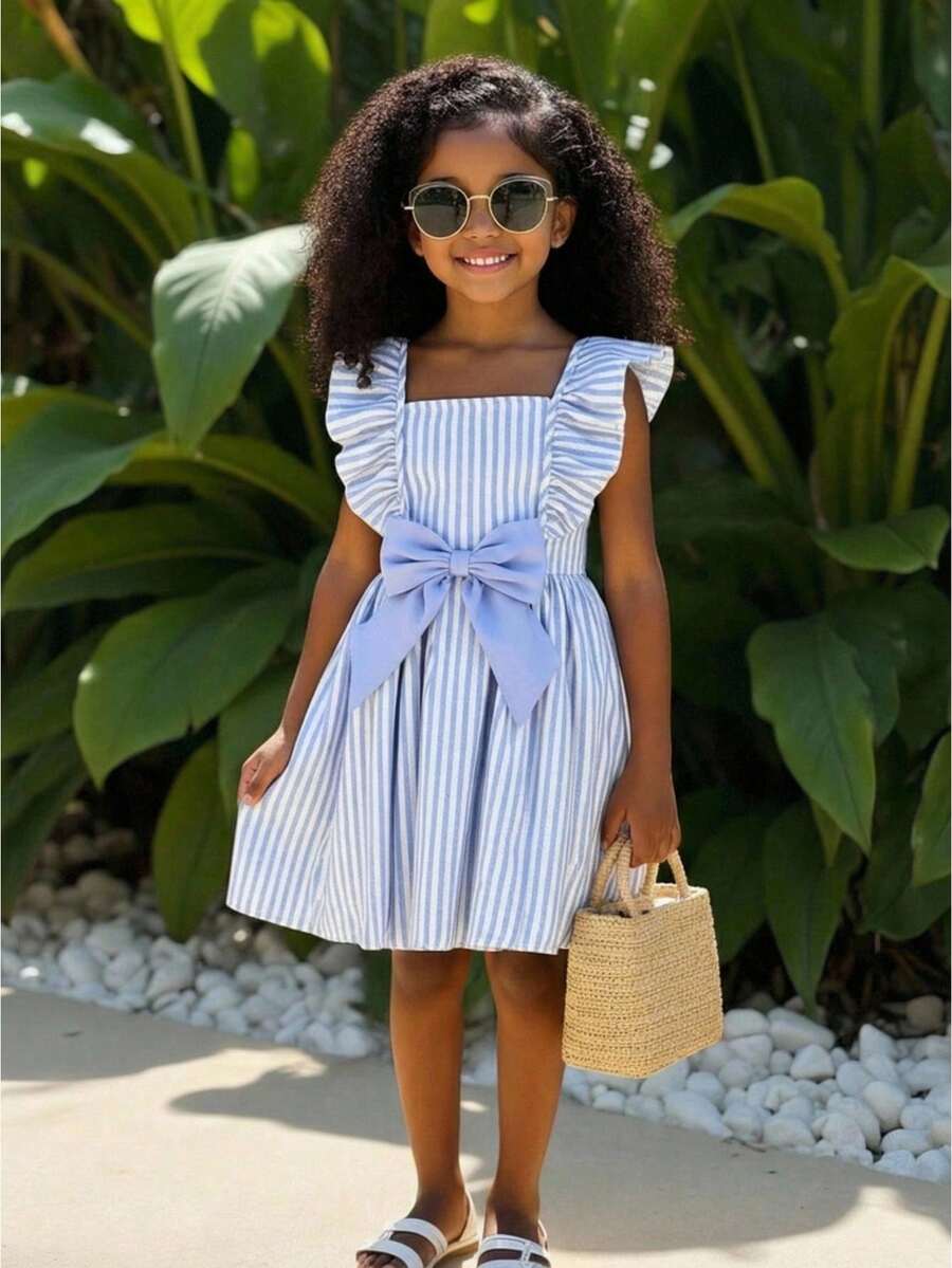 SHEIN Young Girl Blue & White Striped Bow Ruffle Trim Short Sleeve Pink Casual Dress, Fashionable Everyday Wear For Infants, Spring/Summer Resort - Blue - View 1
