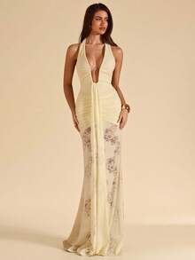 SHEIN BAE Solid Yellow Sexy Deep V-Neck Textured Bodycon Dress, Elegant Beach Vacation Dress, Spring/Summer Mesh Maxi Dress See Through Dress Transparent Dress Sexy Long Dress - Light Yellow - View 3