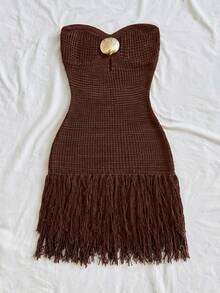 Soleia 女士度假针织纹理金属流苏迷你连衣裙，性感派对约会海滩度假夏季装扮，适合度假约会、下午茶、婚礼季、海滩游轮度假、城市自驾游度假、波西米亚风度假、音乐节等场合。 - 彩色 - 查看 4