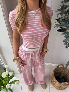 CovetEZ 女士休闲条纹短袖T恤和裤子两件套，夏季 - 紅色 - 查看 5