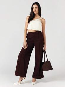 OverBlushhh Pantalon tailleur large à taille haute épais pour femmes, pantalon droit marron élégant, pour le travail de bureau, le printemps - Tabac - Voir 3