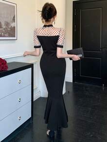 FRIFUL Women's Polka Dot Flocked Patchwork Heterogeneous Fabric Waist Cinched Ruffle Hem Long Sleeve Dress, Summer - Black - View 3