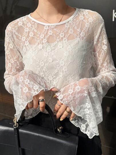 FRIFUL Women's Round Neck Lace Fabric Fitted Flare Sleeve Solid Color Casual T-Shirt