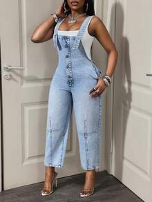 BamGleam Bộ jumpsuit denim nữ dáng suông, thiết kế cài nút, kiểu dáng thường ngày. - Rửa nhẹ - Xem 3