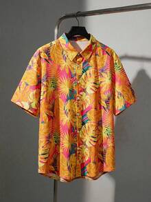 EASEVO Plus Size Men's Tropical Plant Print Short Sleeve Single-Breasted Casual Shirt - Multicolor - View 2