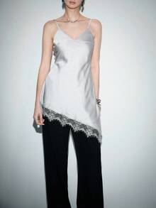 Lumivelle Women's Spring/Summer New V-Neck Satin Waist-Cinched A-Line Lace Patchwork Elegant Sexy Romantic Slip Dress - Silver - View 7