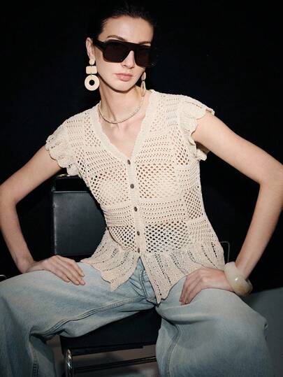 SHEIN Luminelle Women's French V-Neck Sleeveless Layered Jacquard Mesh Knit Cardigan