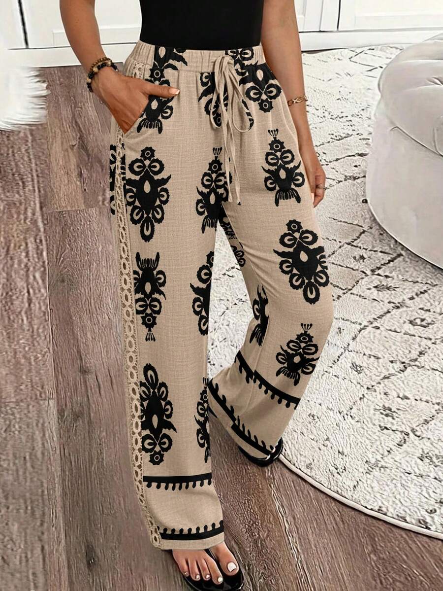 Louniche Women's Simple Geometric Printed Lace Trim Straight Leg Pants, Suitable For Early Spring Vacation - Multicolor - View 1