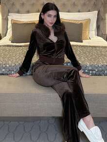 hhfernanda Spring Black Y2K Velvet Crop Top Hoodie & Flare Pants 2 Pieces Set For Women - Coffee Brown - View 4