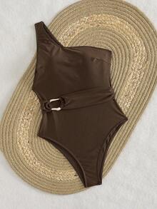 Swim Chiccia Women's Brown Pool Party One Shoulder Metal Accessories Belt Slimming Elegant Fashion One-Piece Swimsuit For Beach Music Festival - Brown - View 5