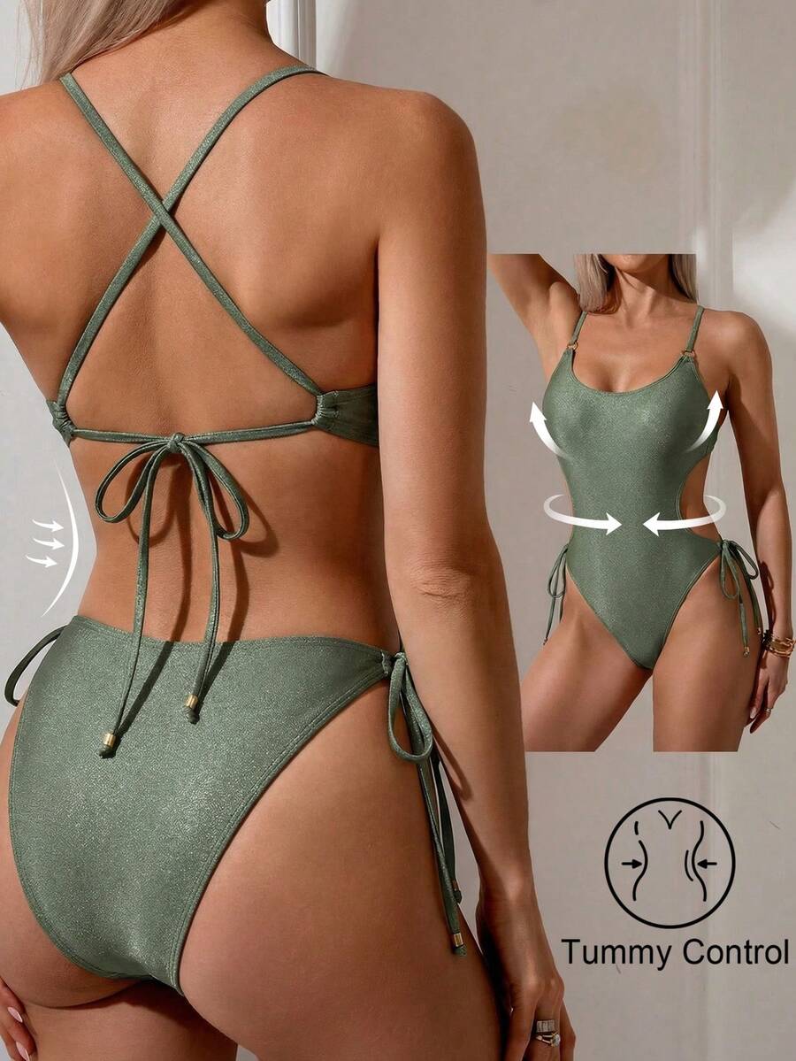 Áo tắm liền thân ShapeWave-D dành cho nữ, lấy cảm hứng từ phong cách retro, làm từ vải mờ màu xanh kim loại, có dây đeo vai bằng kim loại có thể điều chỉnh và dây rút bên hông, thiết kế cắt cao ở phần chân giúp kéo dài đôi chân, kết hợp giữa phong cách và khả năng định hình vóc dáng cho kỳ nghỉ biển. - xanh quân đội - Xem 1