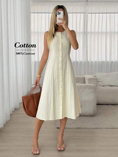 Easowa Summer Casual Cotton Commuter Solid Color Front Button Sleeveless Dress Yellow Dress Vacation Dresses Button Dress Cotton Midi Dress Cotton Dress Casual Midi Dress