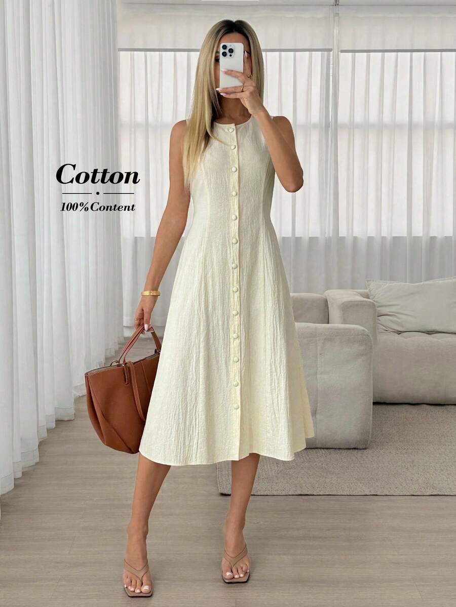 Easowa Đầm mùa hè dáng suông, màu trơn, cài cúc phía trước, không tay, thích hợp đi làm. - Màu be - Xem 1