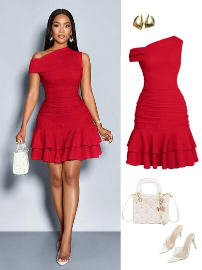 SOLERSUN Women's Fashionable Daily Wear Holiday Elegant Elegant Party Daytime Red Knitted Asymmetrical Neck Neck Long Sleeves Gathered Double Ruffle Mini Dress Suitable For Christmas Party Vacation & Dating & Valentine's Day Dating New Year